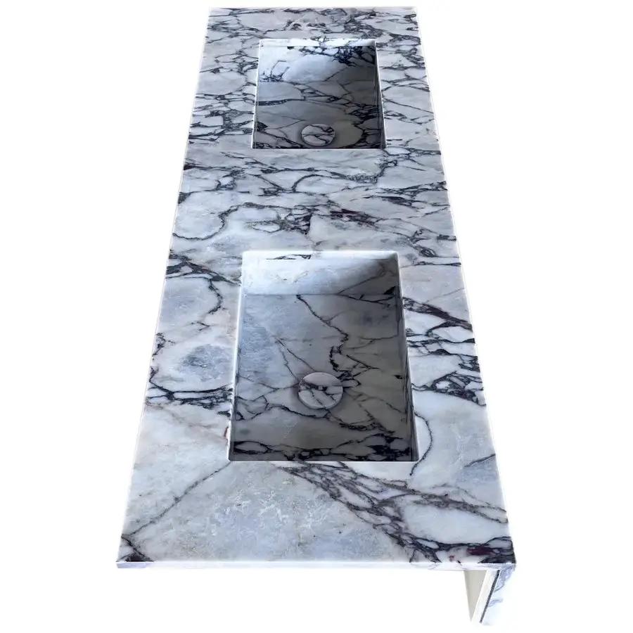 Calacatta Viola Handcrafted Marble Double Sink Vanity 67 Inch - White Gray Veining by GobekDesign