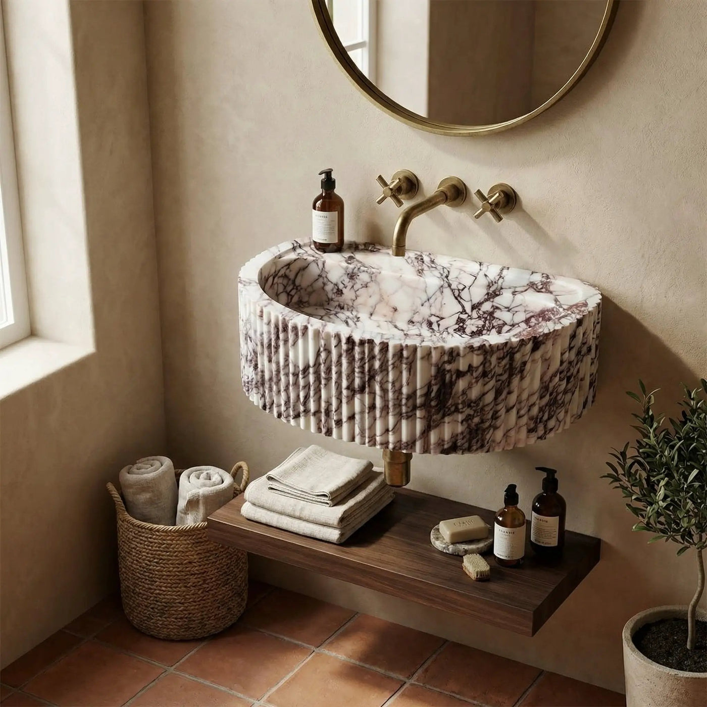 Calacatta Viola Marble Wall-Mount Fluted Bathroom Sink 16x24 by GobekDesign
