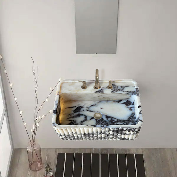Calacatta Viola Marble Wall-Mount Rectangular Fluted Bathroom Sink by GobekDesign