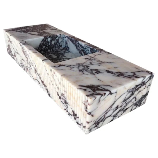 Calacatta Viola Marble Fluted Wall Mount Vanity Sink 20x56 Polished, angled view
