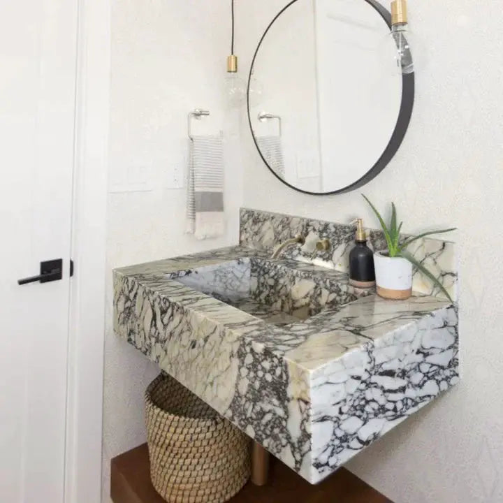Calacatta Viola Marble Wall Mount Sink 21x34 - 8 inch Backsplash by GobekDesign