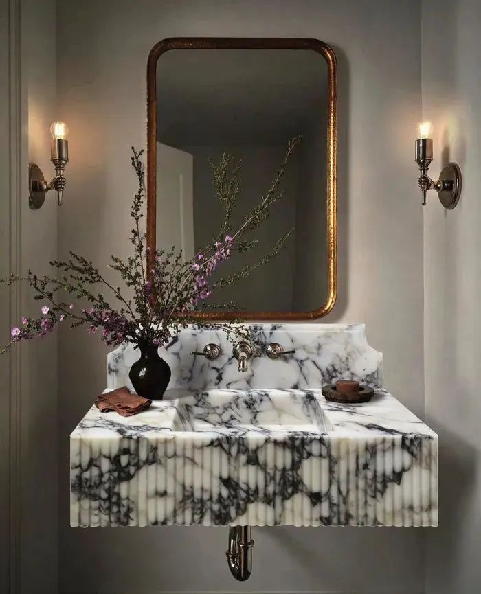 Calacatta Viola Marble Wall Mount Bathroom Vanity Sink - Fluted 21x37 by GobekDesign