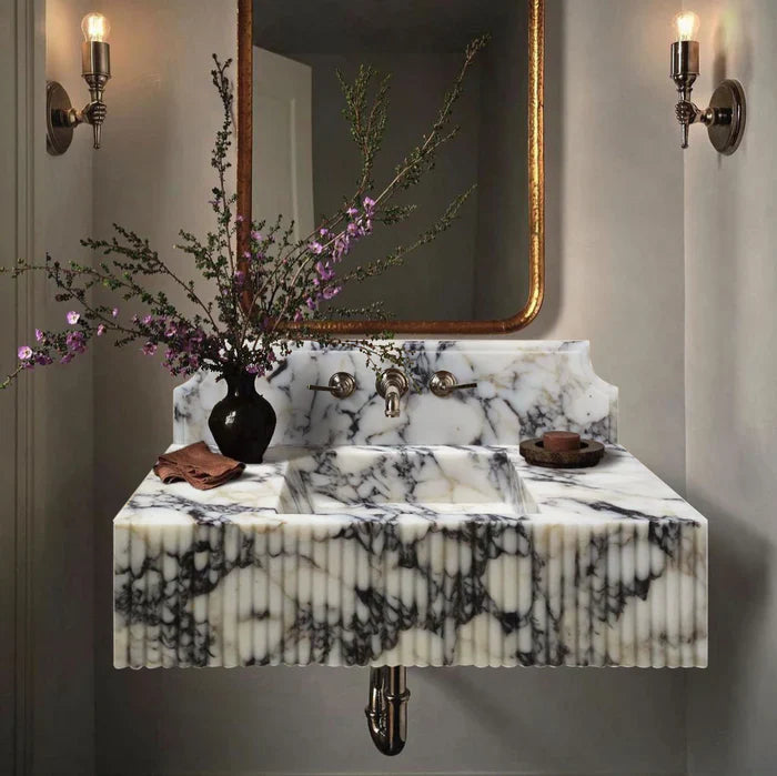 Calacatta Viola Marble Wall-mount Bathroom Vanity Sink Fluted Front (W)21" (L)37" (H)12" by GobekDesign