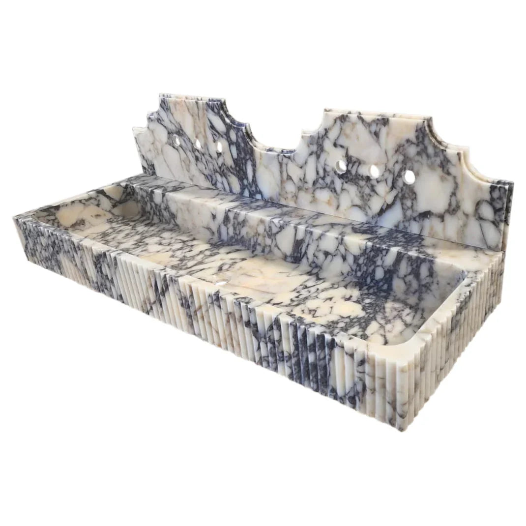 Calacatta Viola Marble Wall-mount Bathroom Sink with Fluted with Backsplash (W)20" (L)55" (H)6" by GobekDesign