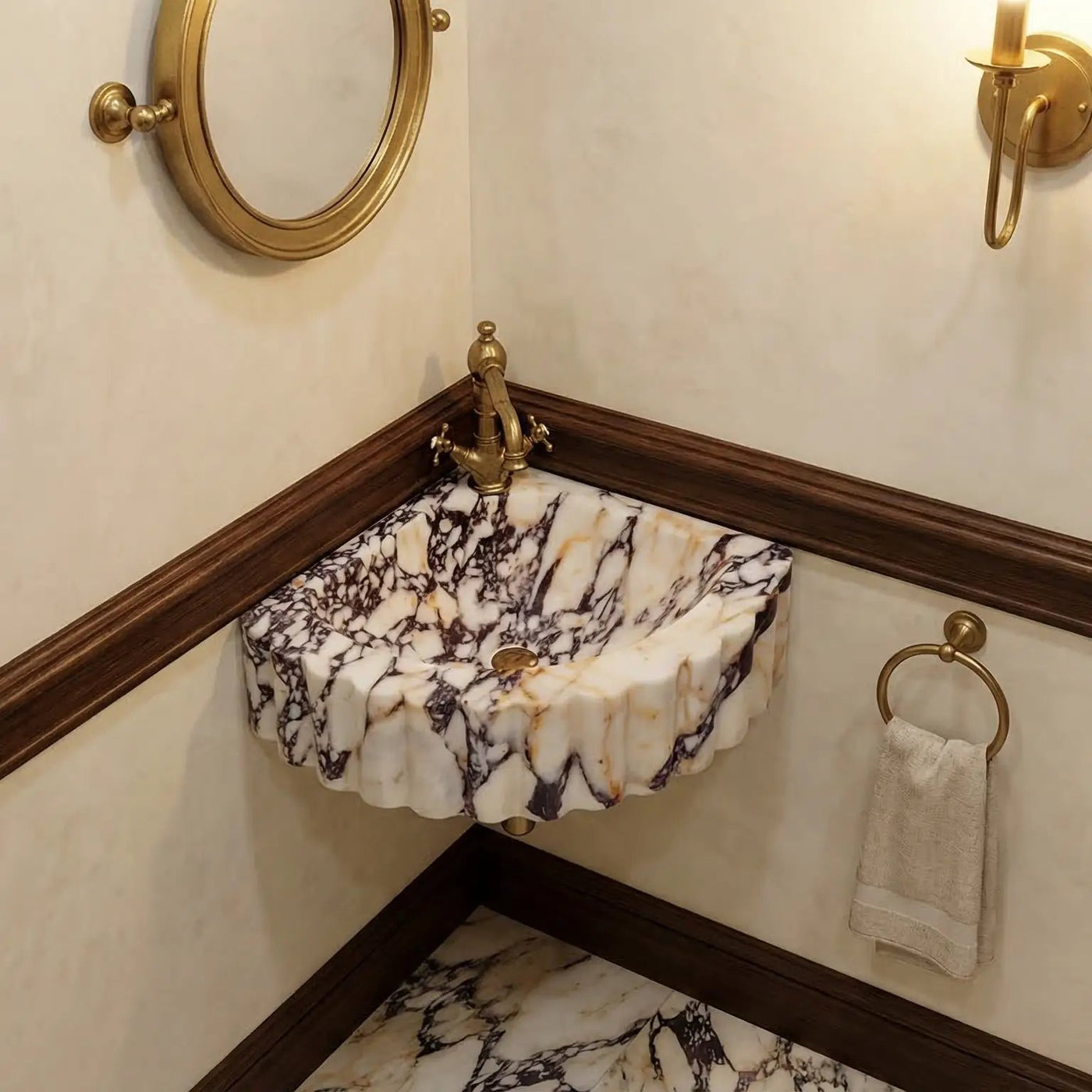 Calacatta Viola Marble Corner Wall Mount Vanity Sink With Ribbed Texture 20x20x7 by GobekDesign