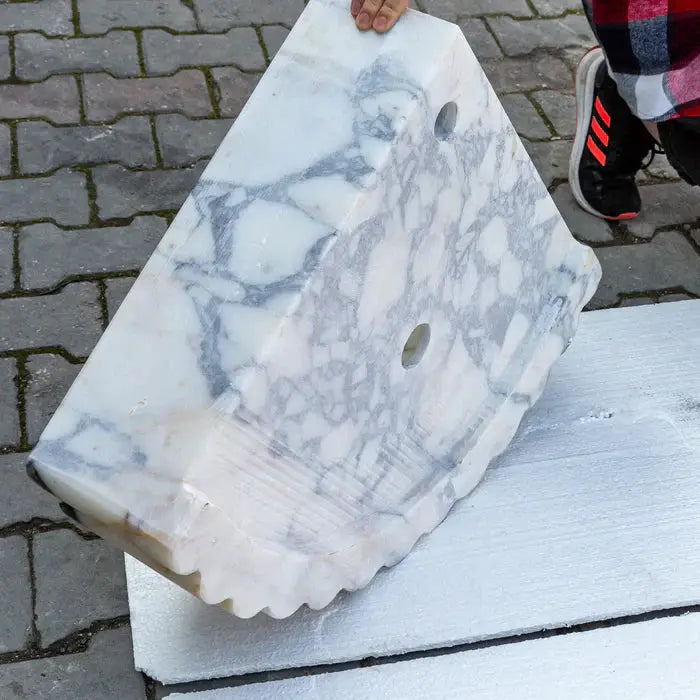 Calacatta Viola Marble Corner Wall Mount Vanity Sink With Ribbed Texture 20x20x7 by GobekDesign