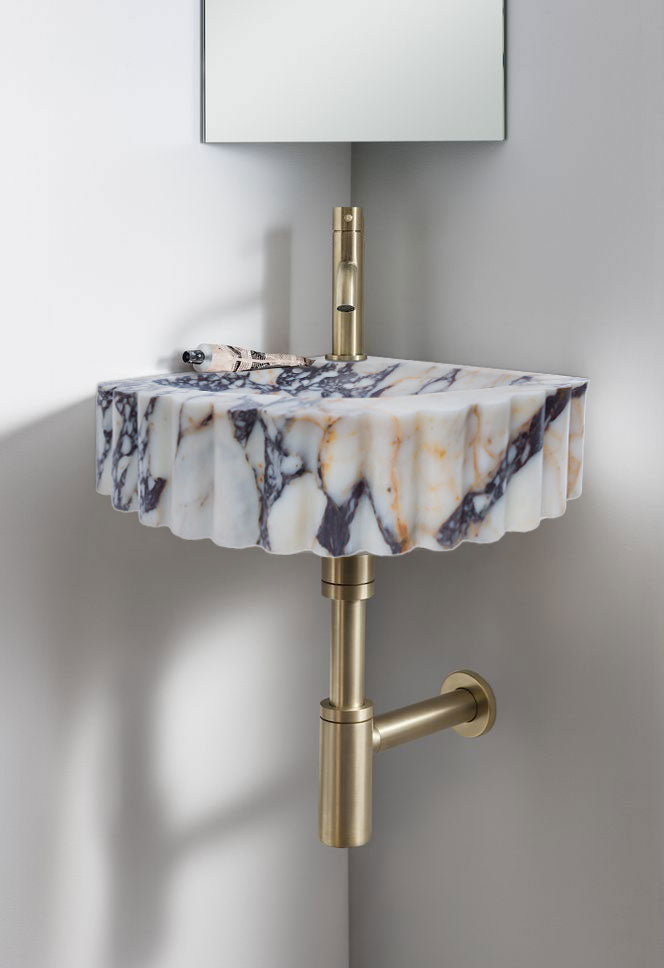 Calacatta Viola Marble Wall-mount Bathroom Corner Vanity Sink Ribbed (W)20" (L)20" (H)7" by GobekDesign