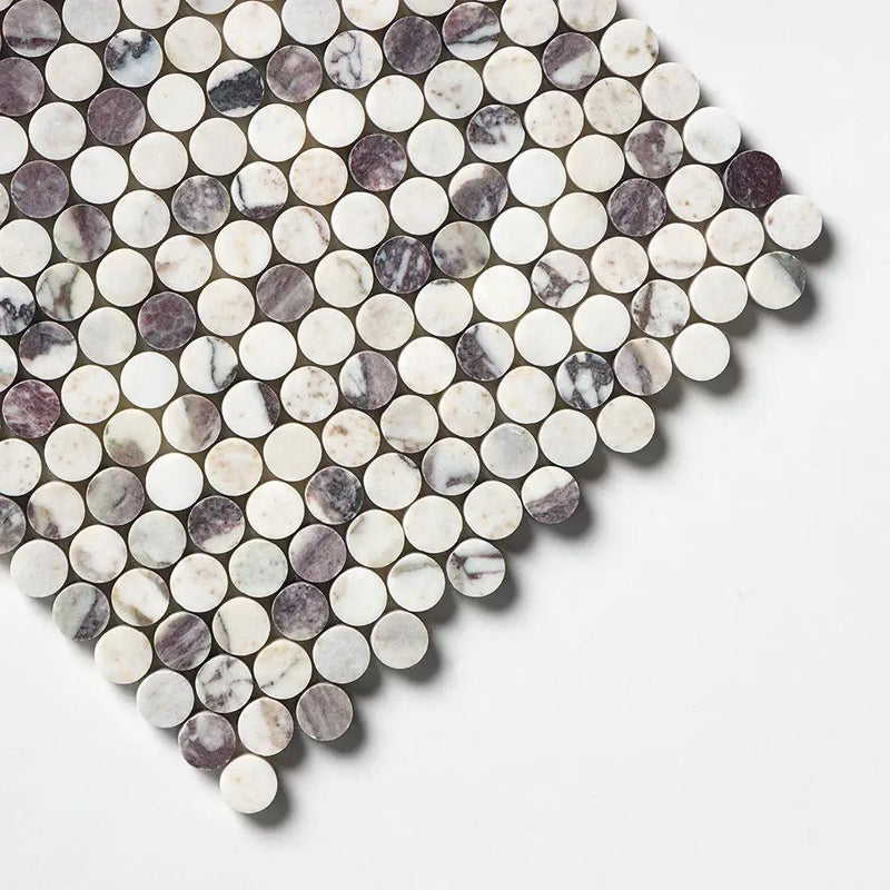 Calacatta Violet Honed Penny Round Marble Mosaics 11 1/4x11 3/4 closeup 3