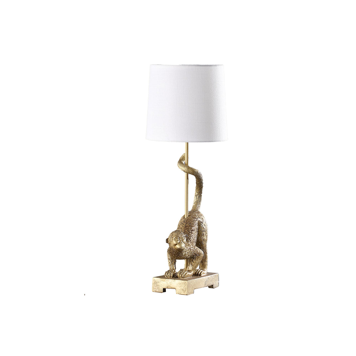 24-Inch Old World Gold Capuchin Monkey Table Lamp with Cotton/Linen Shade - Golden White
