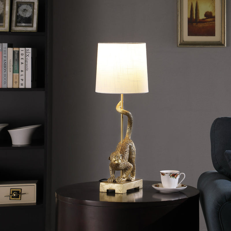 24-Inch Old World Gold Capuchin Monkey Table Lamp with Cotton/Linen Shade - Golden White, photo 2 of 5