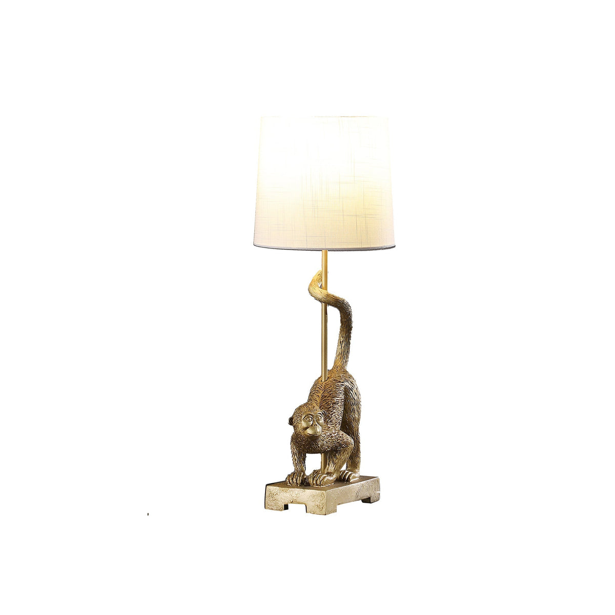 24-Inch Old World Gold Capuchin Monkey Table Lamp with Cotton/Linen Shade - Golden White, photo 3 of 5