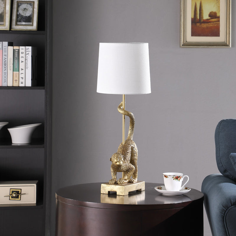 24-Inch Old World Gold Capuchin Monkey Table Lamp with Cotton/Linen Shade - Golden White, photo 4 of 5