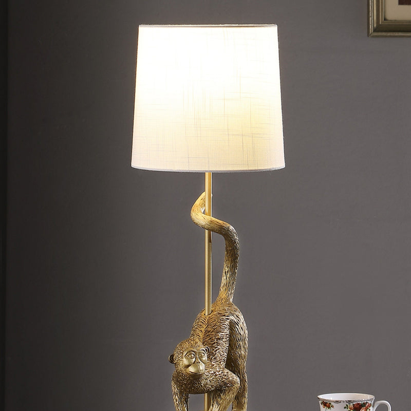24-Inch Old World Gold Capuchin Monkey Table Lamp with Cotton/Linen Shade - Golden White, photo 5 of 5