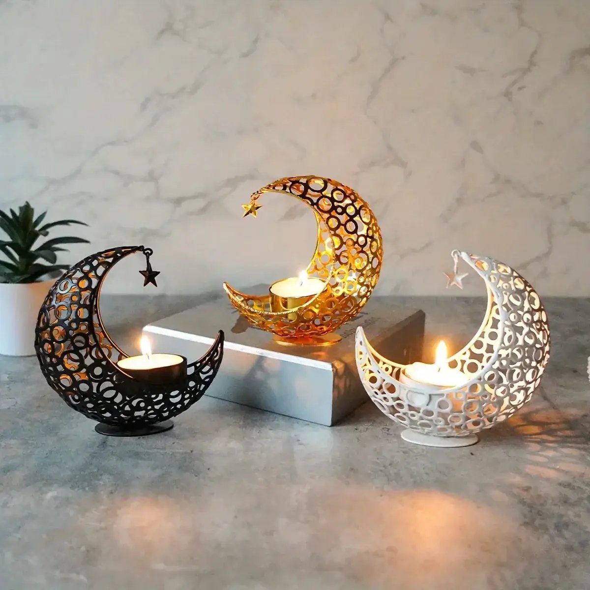 Candle Holder - Hollow Metal Moon by House Of Avana