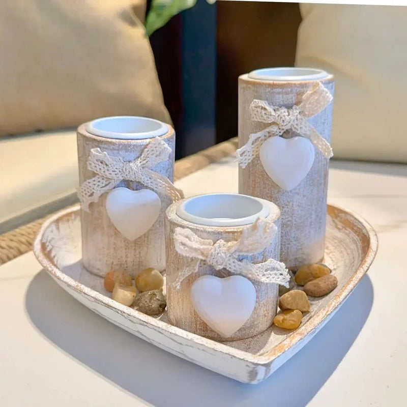 Candle Holder - Wooden White Set by House Of Avana