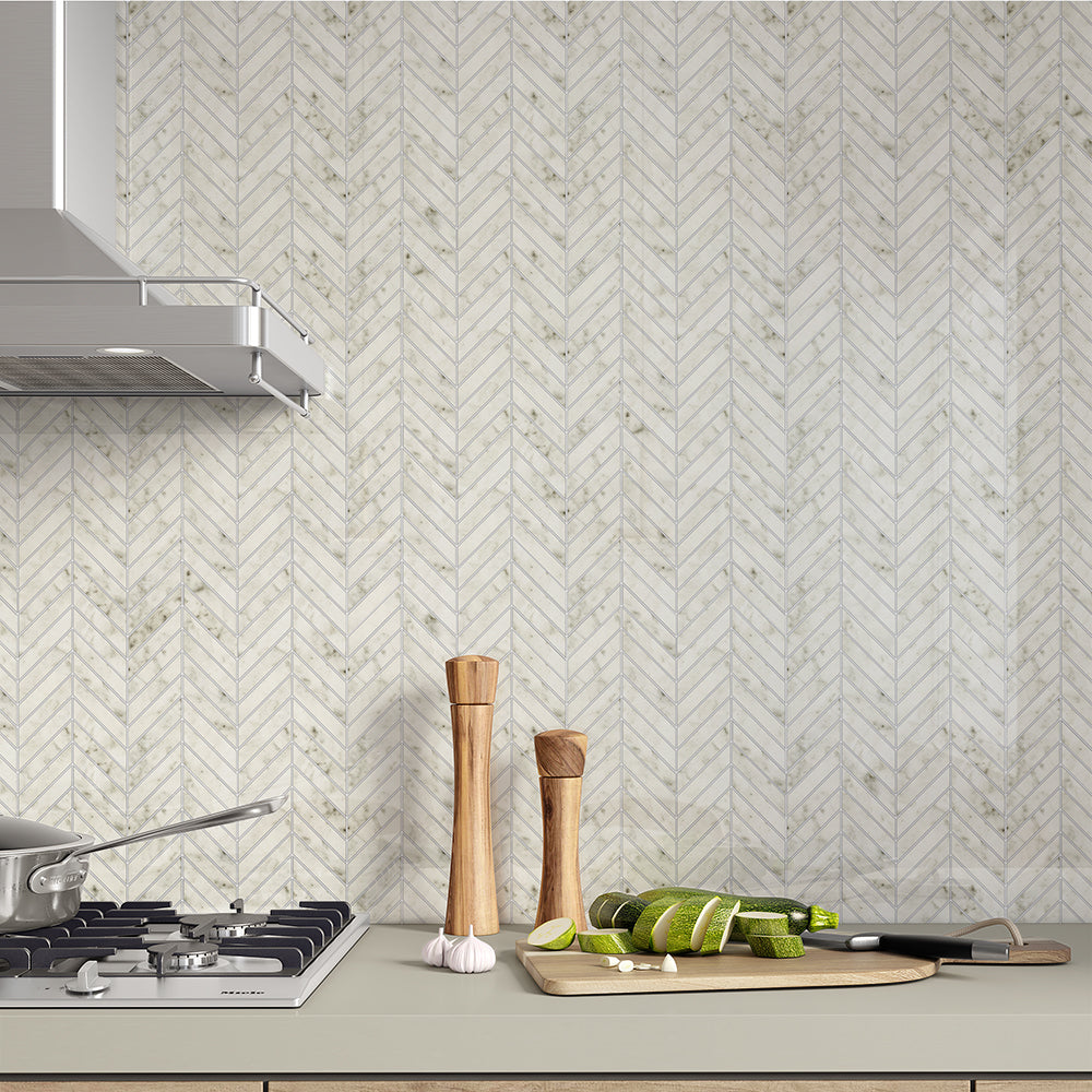 Carrara Blanco Polished Chevron Marble Look Porcelain Mosaics 10x11 Porcelain Polished 12x12 Mosaics — 2