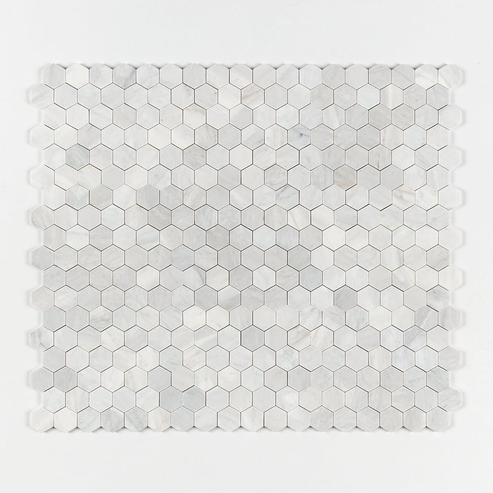 Carrara Blend Honed Hexagon 2 Marble Mosaics 10 3/8x12 Marble Honed 12x12 Mosaics — 1