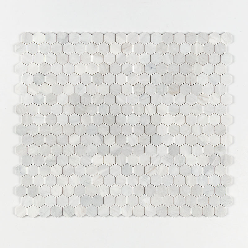 Carrara Blend Honed Hexagon 2 Marble Mosaics 10 3/8x12 Marble Honed 12x12 Mosaics — 1
