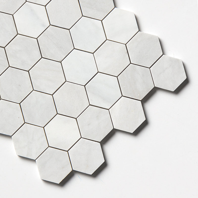 Carrara Blend Honed Hexagon 2 Marble Mosaics 10 3/8x12 Marble Honed 12x12 Mosaics — 3