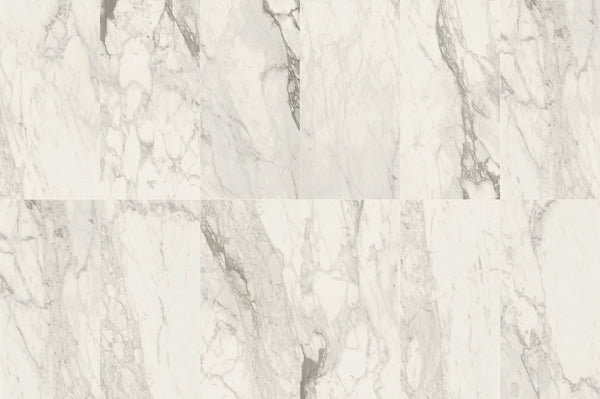 Carrara Select 2.0 Calacatta Renoire Honed Marble Look Bullnose Porcelain Trim 4x24, several pieces laid together