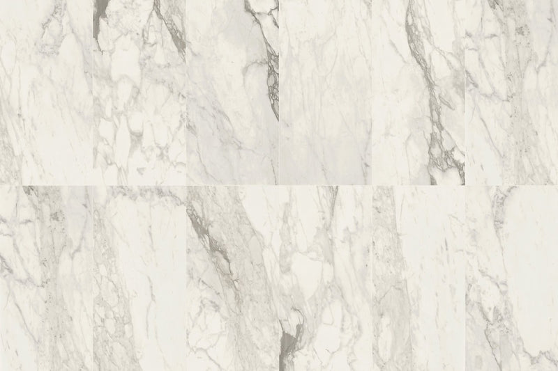 Carrara Select 2.0 Calacatta Renoire Honed Marble Look Bullnose Porcelain Trim 4x24, several pieces laid together