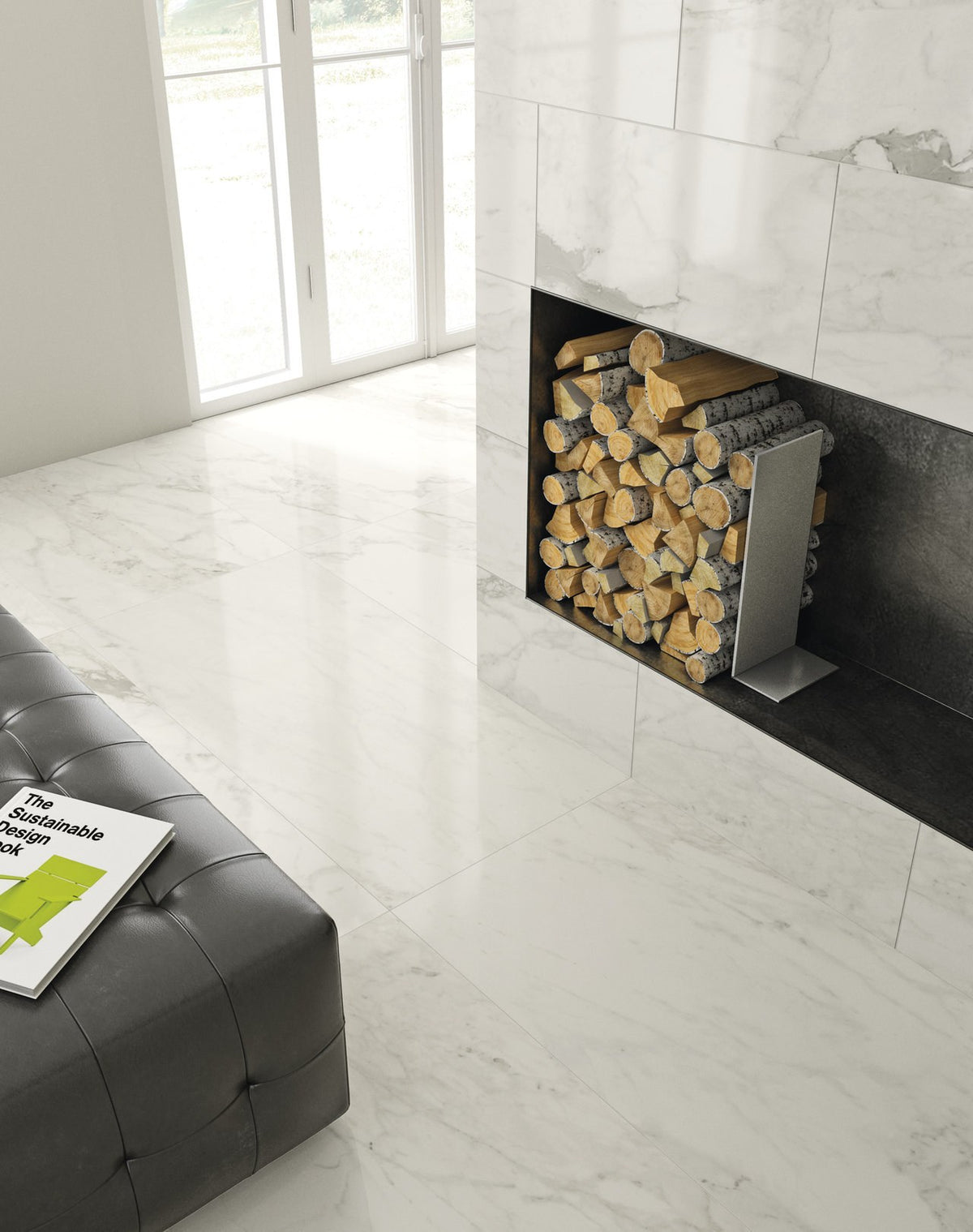 Carrara Select 2.0 Calacatta Renoire Honed Marble Look Bullnose Porcelain Trim 4x24 installed in a living room, view 3