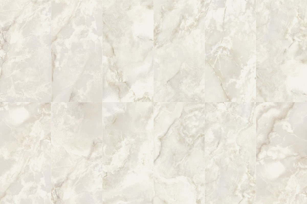 Carrara Select 2.0 Onyx Grey Honed Marble Look Bullnose Porcelain Trim 4x24, several pieces laid together