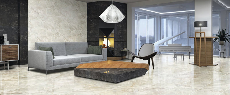 Carrara Select 2.0 Onyx Grey Honed Marble Look Bullnose Porcelain Trim 4x24 installed in a living room