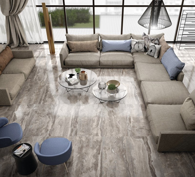 Carrara Select 2.0 Romano Greige Honed Marble Look Bullnose Porcelain Trim 4x24 installed in a living room, view 2