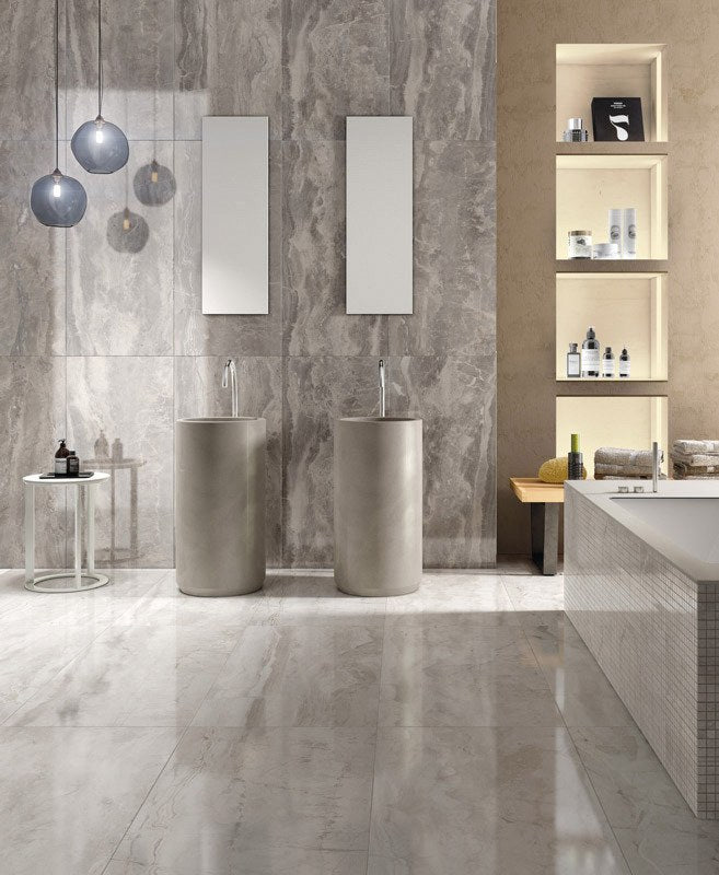 Carrara Select 2.0 Romano White Honed Marble Look Bullnose Porcelain Trim 4x24 installed in a bathroom, view 2