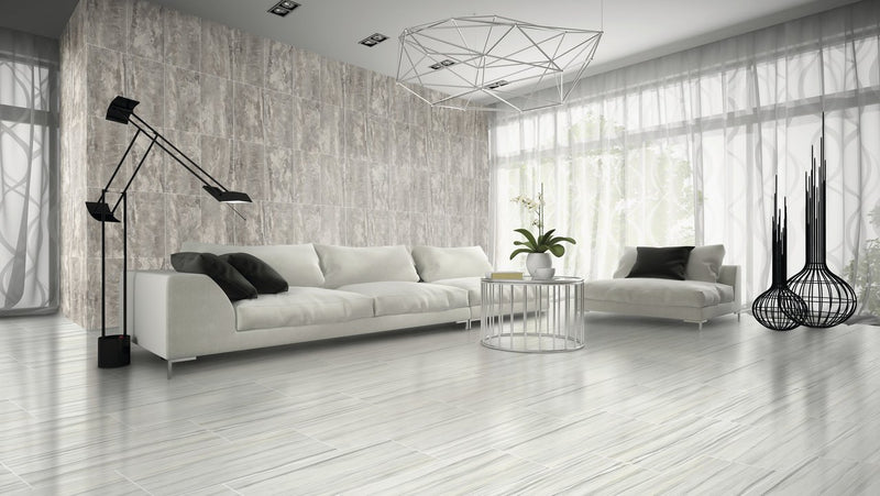 Carrara Select 2.0 Zebrino Honed Marble Look Bullnose Porcelain Trim 4x24 installed in a living room