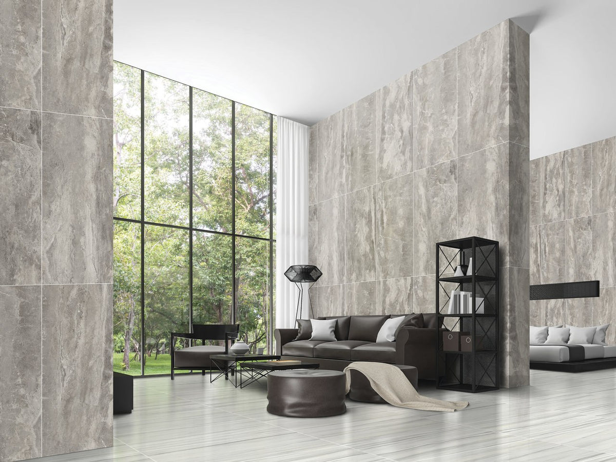 Carrara Select 2.0 Zebrino Honed Marble Look Cove Base Porcelain Trim 6x12 installed in a living room, view 2