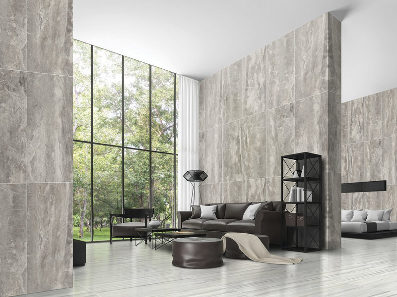 Carrara Select 2.0 Zebrino Honed Marble Look Cove Base Porcelain Trim 6x12 installed in a living room, view 2