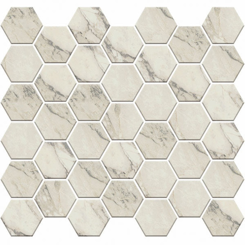 Carrara Select Arabescato Honed 2x2 Hexagon Marble Look Porcelain Mosaics 12x12 mosaic sheet