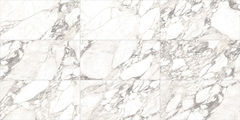 Carrara Select Arabescato Polished Marble Look Bullnose Porcelain Trim 4x24, several pieces laid together