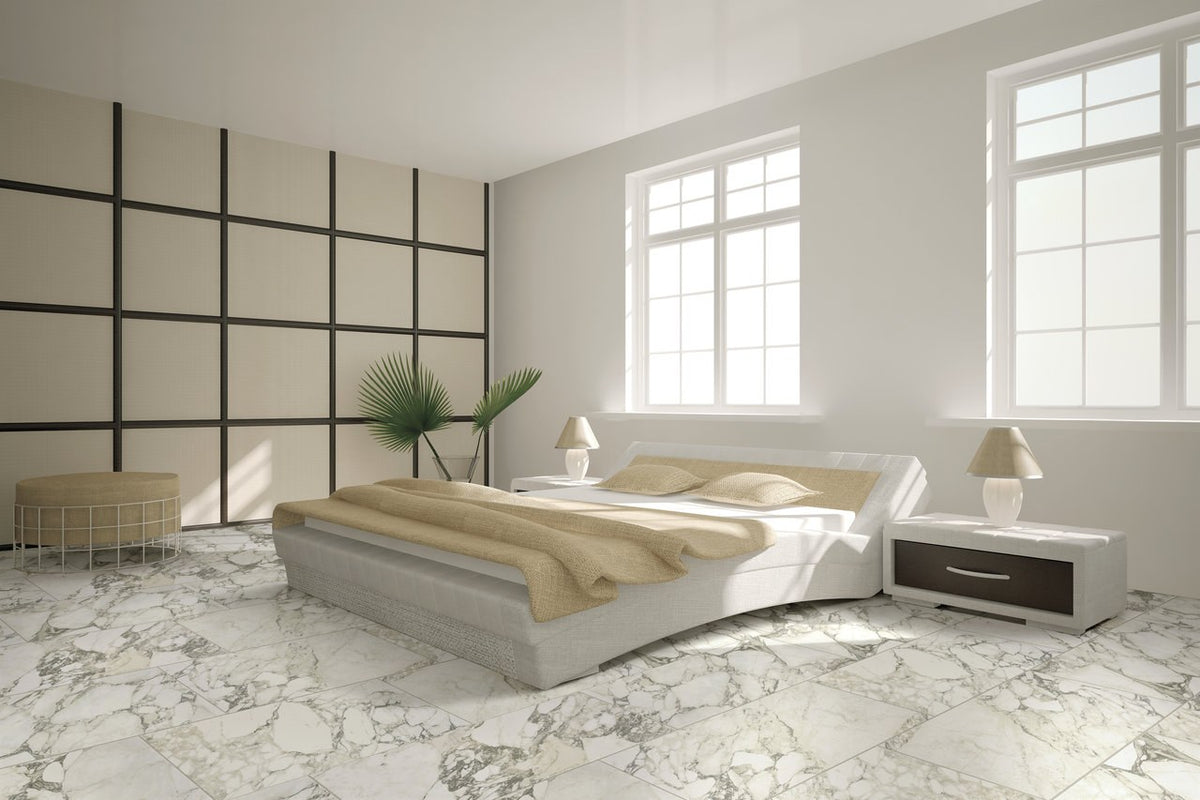 Carrara Select Arabescato Polished Marble Look Bullnose Porcelain Trim 4x24 installed in a bedroom