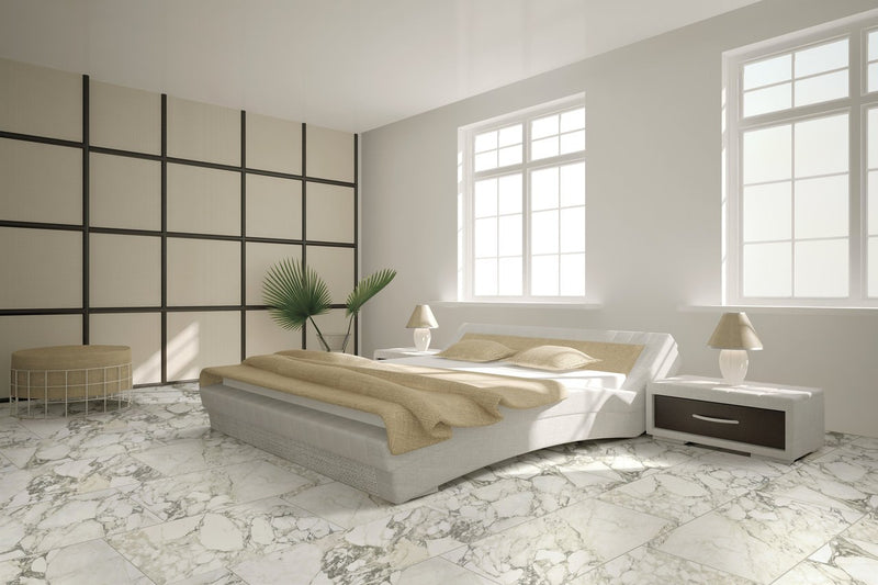 Carrara Select Arabescato Polished Marble Look Bullnose Porcelain Trim 4x24 installed in a bedroom