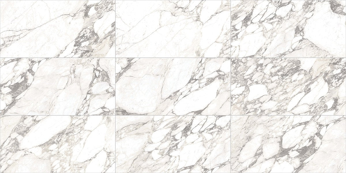 Carrara Select Arabescato Polished Marble Look Porcelain Tiles 12x24, several pieces laid together