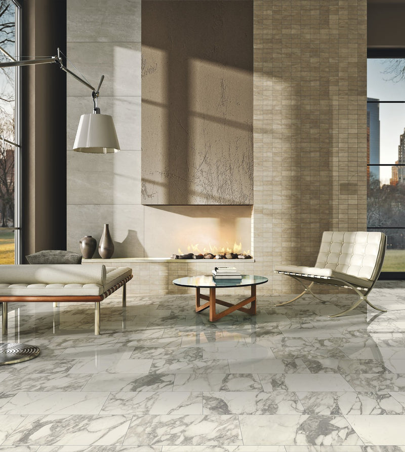 Carrara Select Arabescato Polished Marble Look Porcelain Tiles 12x24 installed in a living room