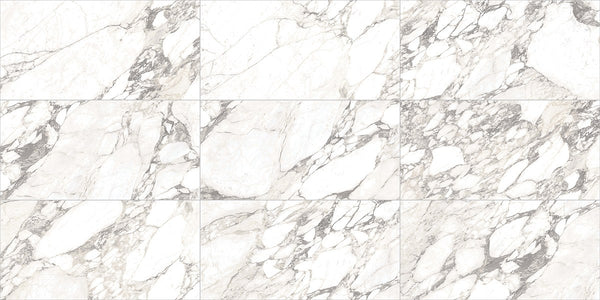 Carrara Select Arabescato Polished Marble Look Porcelain Tiles 24x48, several pieces laid together