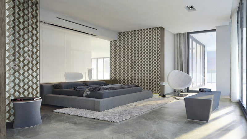 Carrara Select Blu Honed Tiziano Marble Look Porcelain Mosaics 10x12 installed in a bedroom
