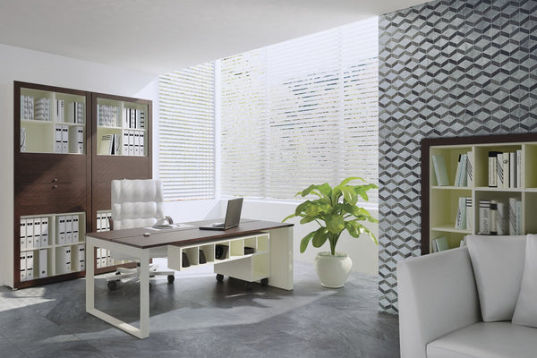 Carrara Select Blu Honed Tiziano Marble Look Porcelain Mosaics 10x12 installed in an office