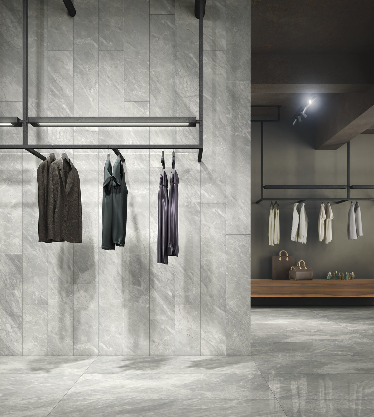 Carrara Select Blu Polished Marble Look Bullnose Porcelain Trim 4x24 installed in a shop, view 2