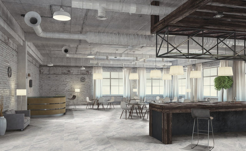 Carrara Select Blu Polished Marble Look Porcelain Tiles 12x24 installed in a cafe