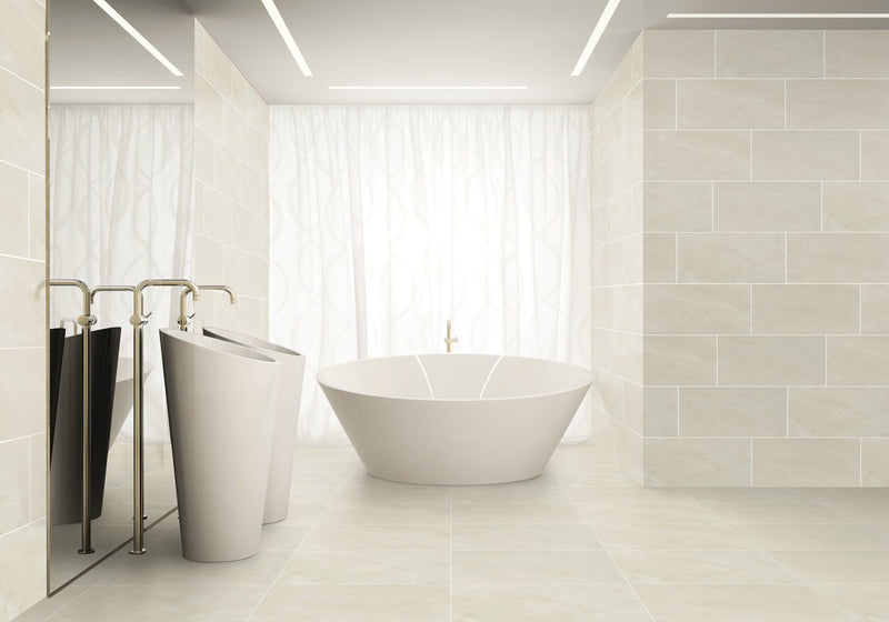 Carrara Select Gioia Honed Marble Look Bullnose Porcelain Trim 4x24 installed in a bathroom