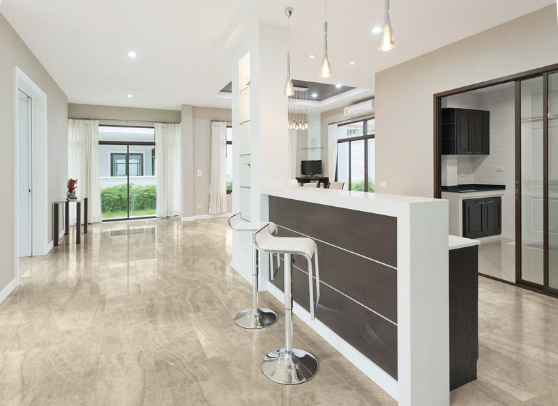 Carrara Select Paonazzo Honed Marble Look Porcelain Tiles 12x24 installed in a living room, view 2