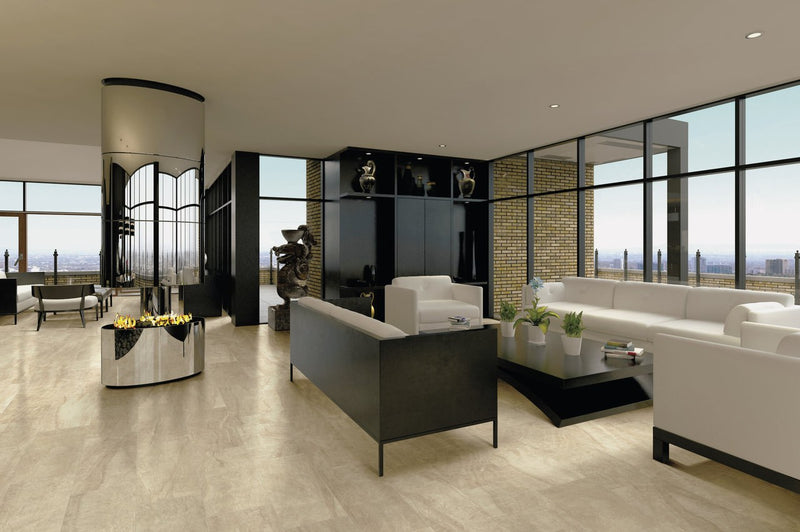 Carrara Select Paonazzo Polished Marble Look Porcelain Tiles 24x48 installed in a living room