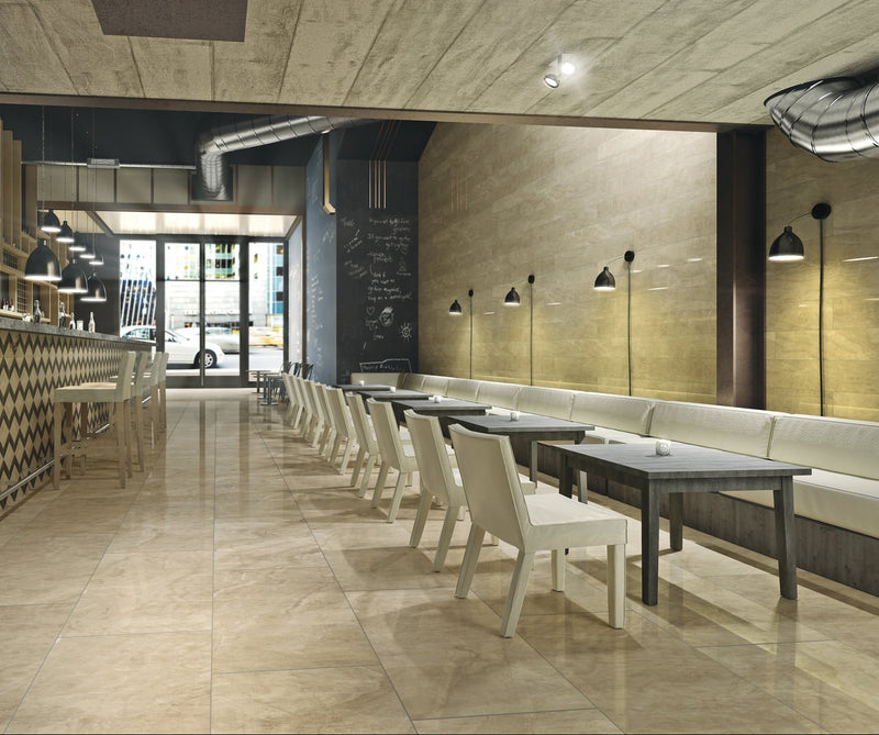 Carrara Select Paonazzo Polished Marble Look Porcelain Tiles 24x48 installed in a restaurant