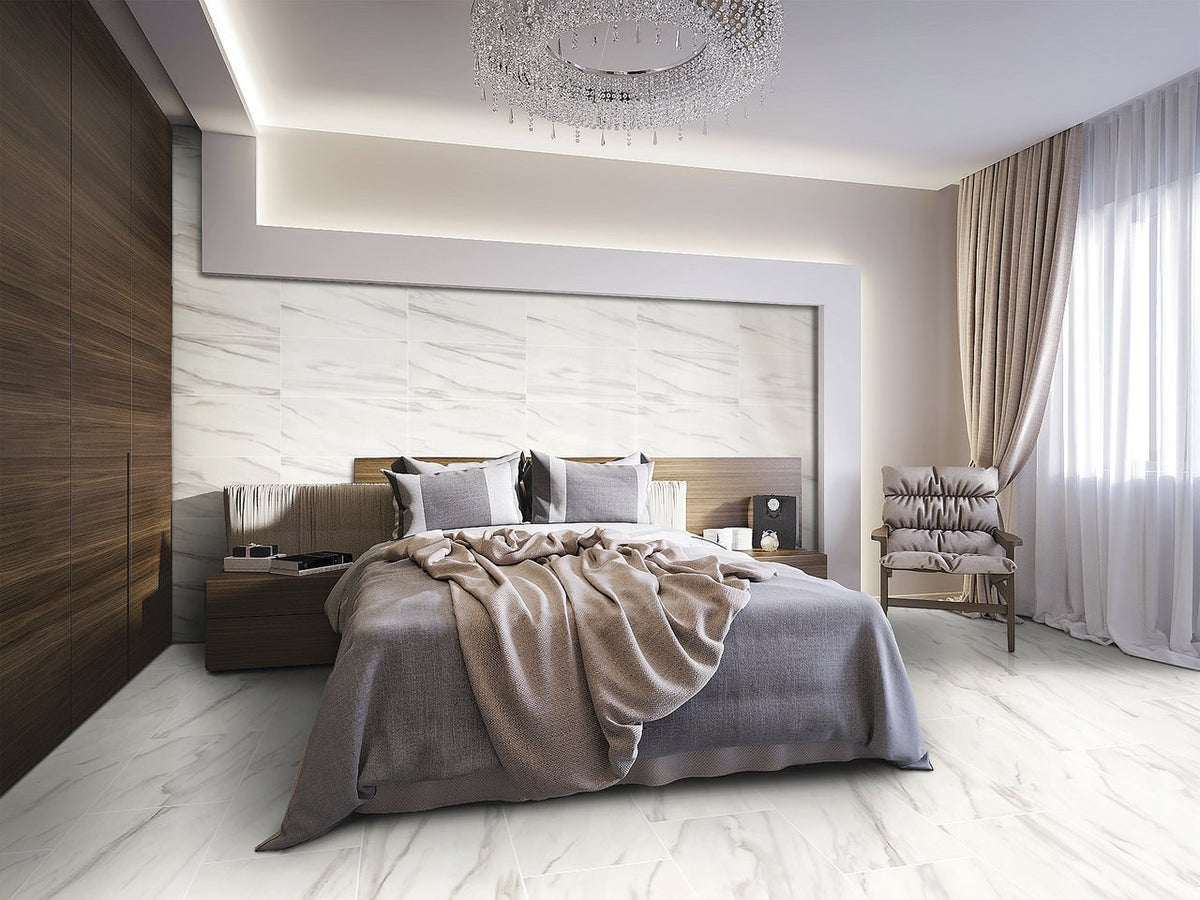 Carrara Select Venato Polished Marble Look Bullnose Porcelain Trim 4x24 installed in a bedroom