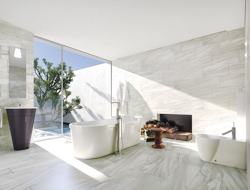 Carrara Select Venato Polished Marble Look Porcelain Tiles 24x48 installed in a bathroom